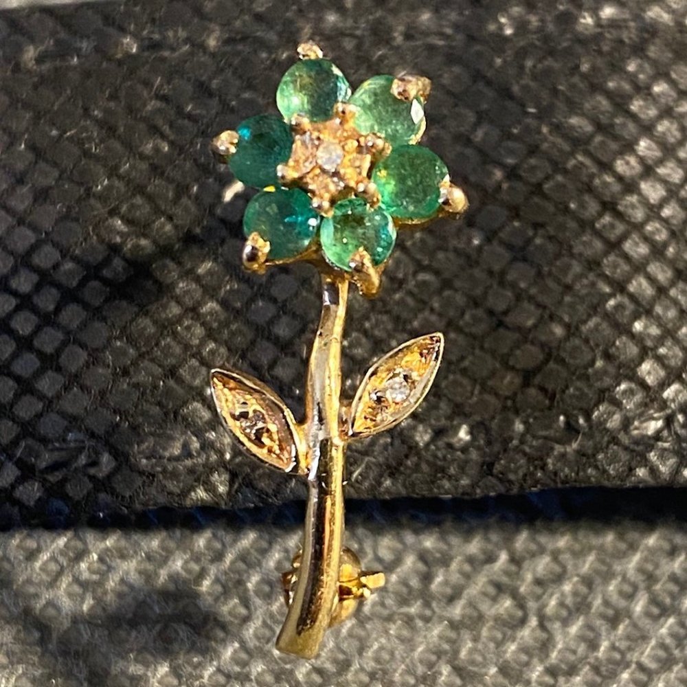 Emerald and Diamond Flower Pin
